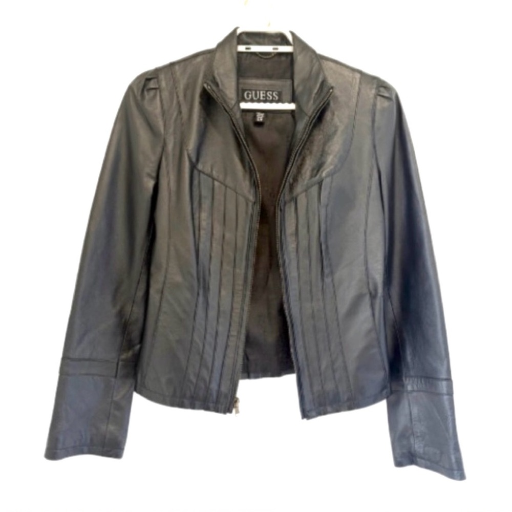 Guess Black Leather Ribbed Jacket | S - Picture 1 of 10